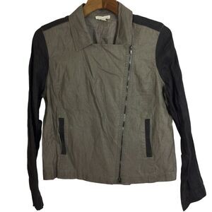 Eileen Fisher Womens Organic Linen Asymmetrical Moto Jacket Taupe Black Large